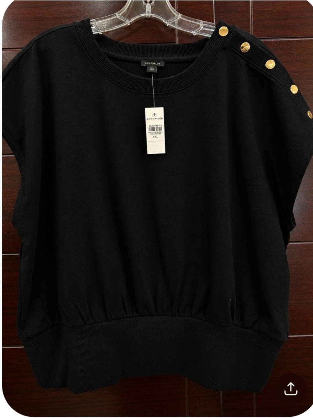 Ann Taylor Black Short-Sleeve Pullover with Gold Shoulder Snaps